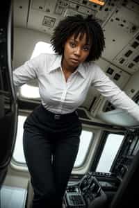 woman as a Airline Pilot inside the Cockpit with white shirt Pilot Uniform