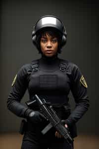 woman as a SWAT Officer. wearing black swat vest, swat helmet, holding pdw