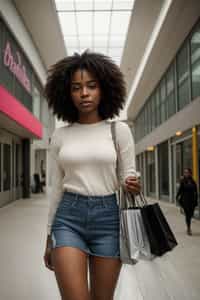 woman walking in a shopping mall, holding shopping bags. shops in background