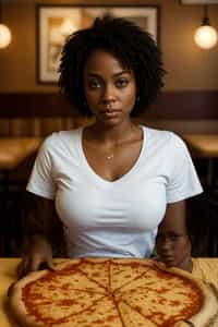 woman sitting in a restaurant eating a large pizza