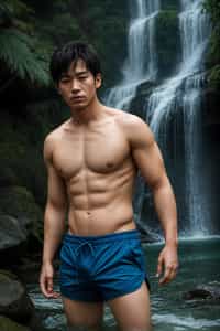 man in swim shorts  under a waterfall, wet hair