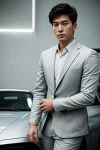 man wearing suit  posing in front of a sports car