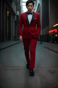 man in red tuxedo  showing cleavage walking on the curb in black shoes