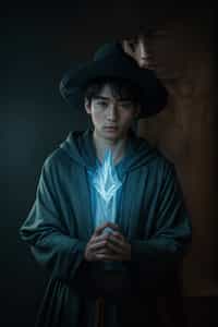 man as a Wizard with a Wizard robe and big hat, crystal magic, dramatic light