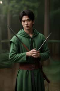 man as a Medieval Elf Archer Warrior in Green Robe