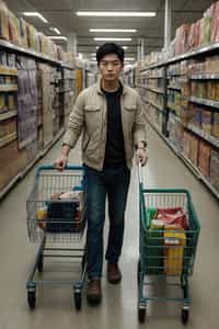 man in Supermarket walking with Shopping Cart in the Supermarket Aisle. Background of Supermarket
