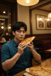 man sitting in a restaurant eating a large pizza