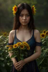 Close face shot of a woman with a sunflower in hair, summer season, moody scene,, intricate, sharp details, summer vibe, gorgeous scene by gaston bussiere, craig mullins, somber lighting, drawn by giacomo burattini, inspired by graphic novel cover art, hyperrealistic, 8 k by rhads