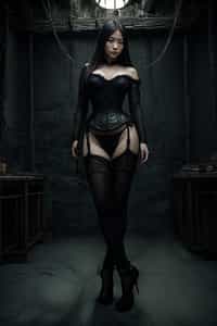 gothic woman, bound by chains and barbed wire in a dungeon, very tight corset, high heels