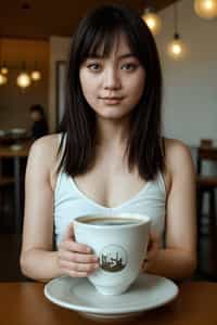 smiling  woman in hipster coffee place with coffee cup on table