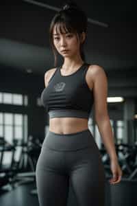 woman in  dark gray yoga pants and sports top in the fitness gym working out