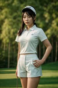 woman as a Golfer on the Golf Course holding Golf Club wearing golf shorts or golf skirt, a collared shirt, golf pants
