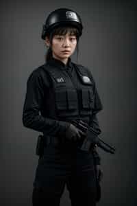woman as a SWAT Officer. wearing black swat vest, swat helmet, holding pdw
