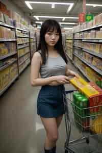 woman in Supermarket walking with Shopping Cart in the Supermarket Aisle. Background of Supermarket