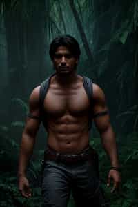 man as masculine male sidekick of Lara Croft  in Tombraider, in rainforest, cinematic lighting
