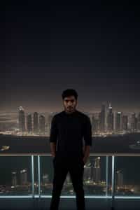 man standing in front of city skyline viewpoint in Dubai with city skyline in background