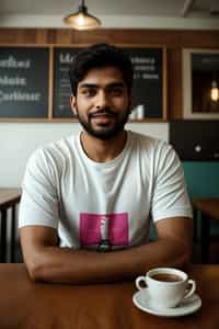 smiling  man in hipster coffee place with coffee cup on table