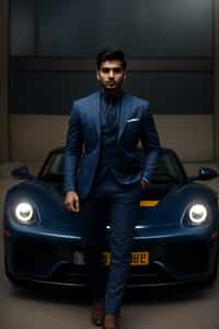 man wearing suit  posing in front of a sports car