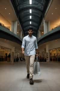 man walking in a shopping mall, holding shopping bags. shops in background