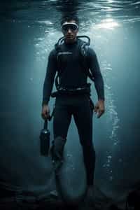 man as a scuba diver wearing diving goggles and wearing a wetsuit