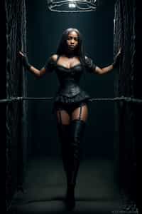 gothic man, bound by chains and barbed wire in a dungeon, very tight corset, high heels