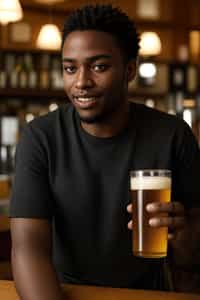 smiling man in a busy bar drinking beer. holding an intact pint glass mug of beer