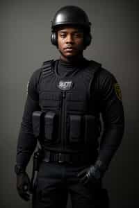 man as a SWAT Officer. wearing black swat vest, swat helmet, holding pdw