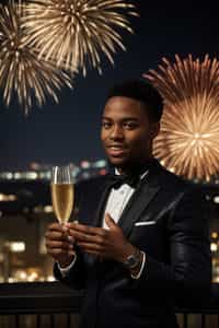 smiling man celebrating New Year's Eve with champagne and Fireworks in background