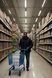 man in Supermarket walking with Shopping Cart in the Supermarket Aisle. Background of Supermarket