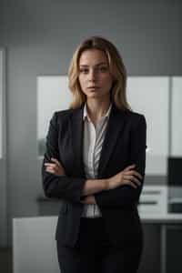 wide LinkedIn profile photo of a professional business woman as a confident professional business woman standing in a modern office. LinkedIn professional profile photo. most popular person on LinkedIn