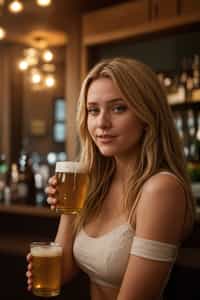 smiling woman in a busy bar drinking beer. holding an intact pint glass mug of beer