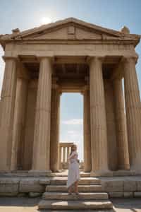 woman as Ancient Greek philosopher in 500 B.C., Ancient Roman white clean new temple in background