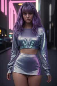 woman in holographic style, wearing  holographic shiny mini skirt, holographic shiny crop top, holographic shiny purse, holographic heels, holographic hair