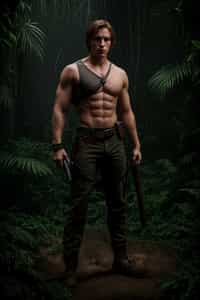 man as masculine male sidekick of Lara Croft  in Tombraider, in rainforest, cinematic lighting