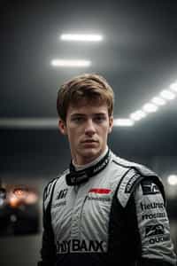 Ultra realistic photograph of man as Formula 1 race driver