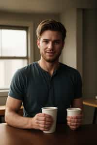 smiling  man in hipster coffee place with coffee cup on table