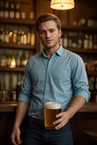 smiling man in a busy bar drinking beer. holding an intact pint glass mug of beer