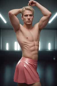 man as with platinum blonde hair and pink latex skirt