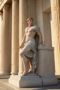 man as Ancient Greek philosopher in 500 B.C., Ancient Roman white clean new temple in background