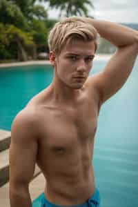 man as Ken from Barbie with swim trunks, shirtless, undercut blonde hairstyle.