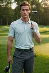 man as a Golfer on the Golf Course holding Golf Club wearing golf shorts or golf skirt, a collared shirt, golf pants