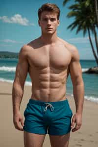 man in shirtless in swim shorts  on the Beach
