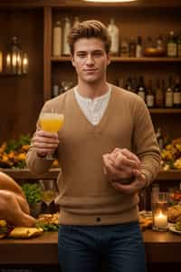 smiling man celebrating Thanksgiving with cocktail and turkey meat in background