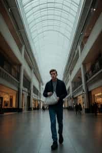 man walking in a shopping mall, holding shopping bags. shops in background