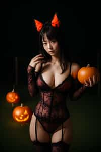woman wearing (naughty halloween) (sexy halloween costume) (halloween outfit), spooky outfit posing for photo, background is halloween pumpkins and spiderwebs