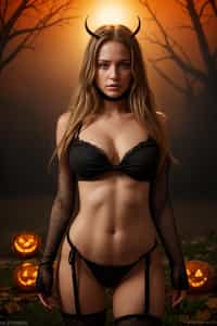woman wearing (naughty halloween) (sexy halloween costume) (halloween outfit), spooky outfit posing for photo, background is halloween pumpkins and spiderwebs