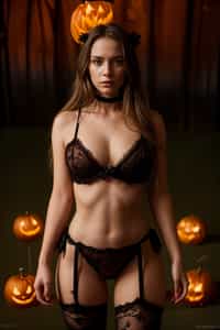 woman wearing (naughty halloween) (sexy halloween costume) (lingerie) (halloween outfit), spooky outfit posing for photo, background is halloween pumpkins and spiderwebs