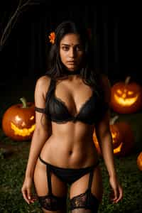 woman wearing (naughty halloween) (sexy halloween costume) (stockings) (halloween outfit), spooky outfit posing for photo, background is halloween pumpkins and spiderwebs