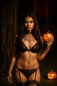 woman wearing (naughty halloween) (sexy halloween costume) (lingerie) (halloween outfit), spooky outfit posing for photo, background is halloween pumpkins and spiderwebs