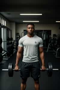 masculine  man in the gym wearing t-shirt and gym shorts